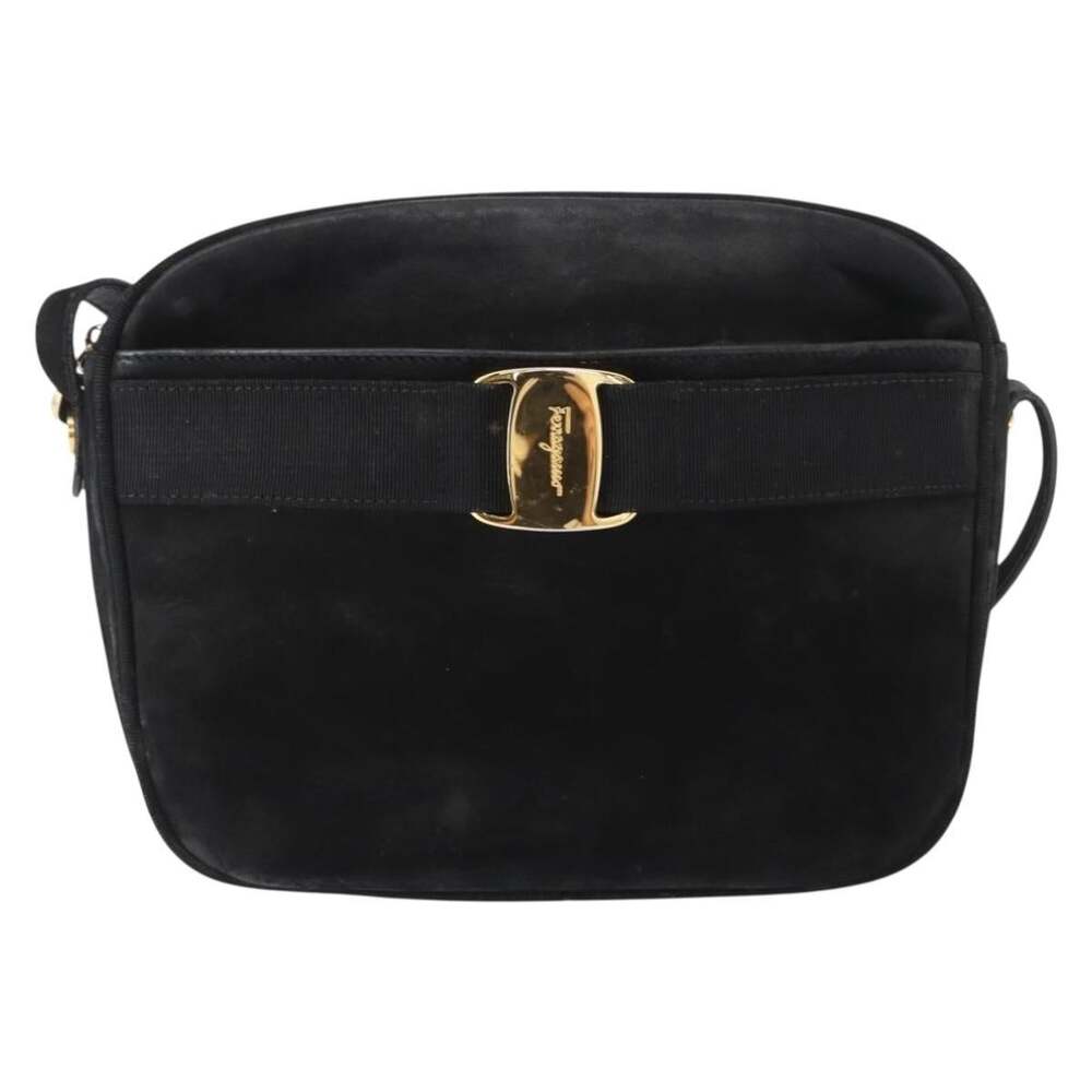 Salvatore Ferragamo Suede Vara Shoulder Bag Black